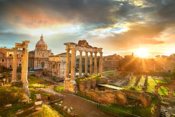 Famous Ruins of Roman Forum in Rome, Italy during sunrise.