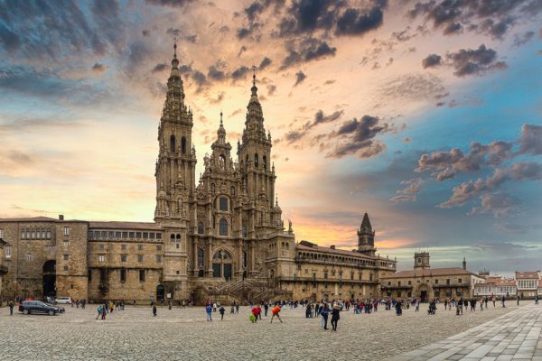 Panoramic view of Praza do Obradoiro and Cathedral, in Santiago de Compostela, Galicia, Spain