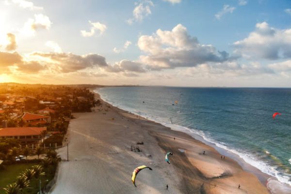 Sunset at Cumbuco beach, famous place near Fortaleza, Ceara, Brazil. Aerial view