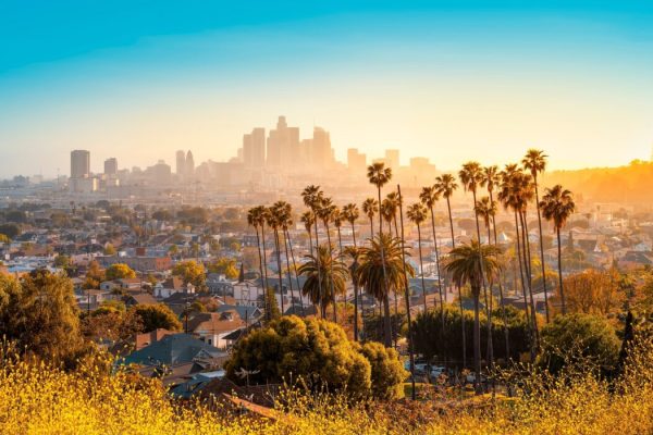 the skyline of los angeles during sunset